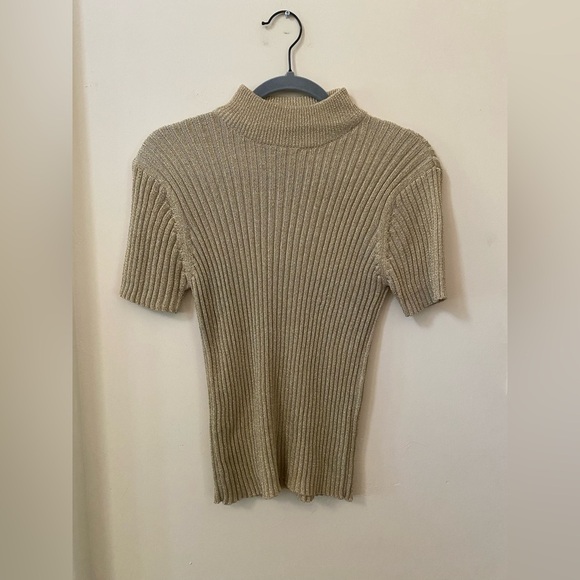 HILLARD & HANDSON METALLIC MOCK NECK KNIT GOLD SHORT SLEEVE SWEATER RIBBED - Picture 1 of 6